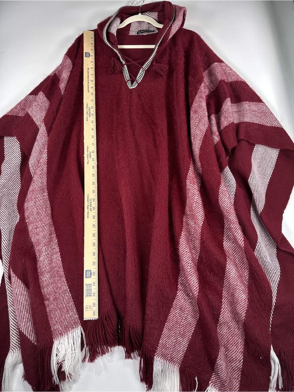 Gamboa Alpaca Wool Hooded Poncho Striped Fringe Made in Peru Burgundy OS - Picture 8 of 8